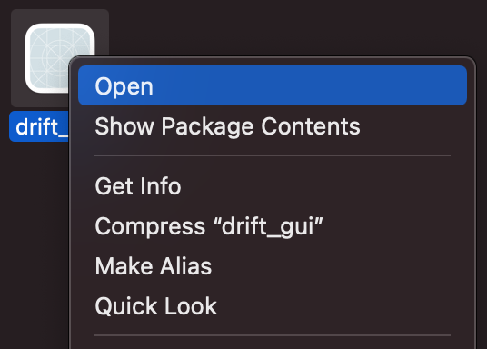 Right click options on Big Sur with an option saying Open